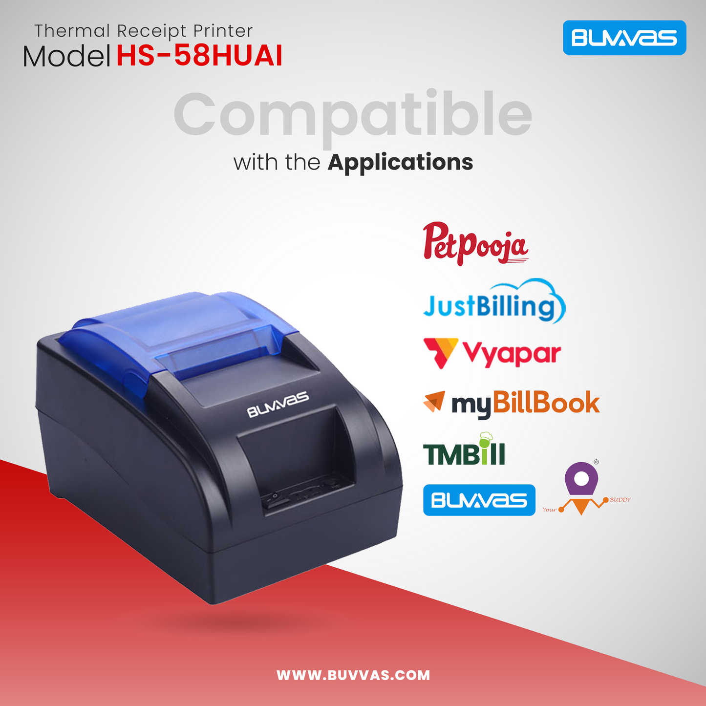 Buvvas 2inch Thermal Receipt Printer |USB+Bluetooth | Without Battery | With Cash Drawer Port | 1 Year Warranty
