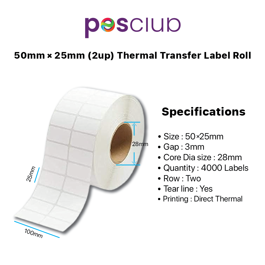 50X25 mm-2 ups | 4000 Labels | Direct Thermal Barcode Paper Sticker | Self-adhesive Label Size : 50x25 mm, Label Type: Paper, Core Dia Size : 28mm, Quantity : 4000 Labels, Row : Two Gap: 3mm, Tear line : Yes, Printing : Direct Therma, Ink Colour : Black using for shipping label, barcode sticker, Thermal Printing, Label printing, amazon, Moglix, Posclub.