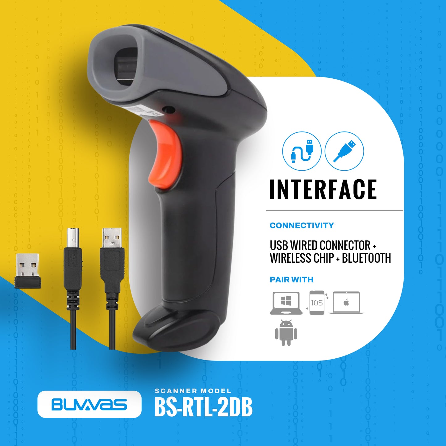 Buvvas RTL 2D/1D Wireless Barcode QR Scanner | Bluetooth | 2.4GHz Wireless | USB Connectivity