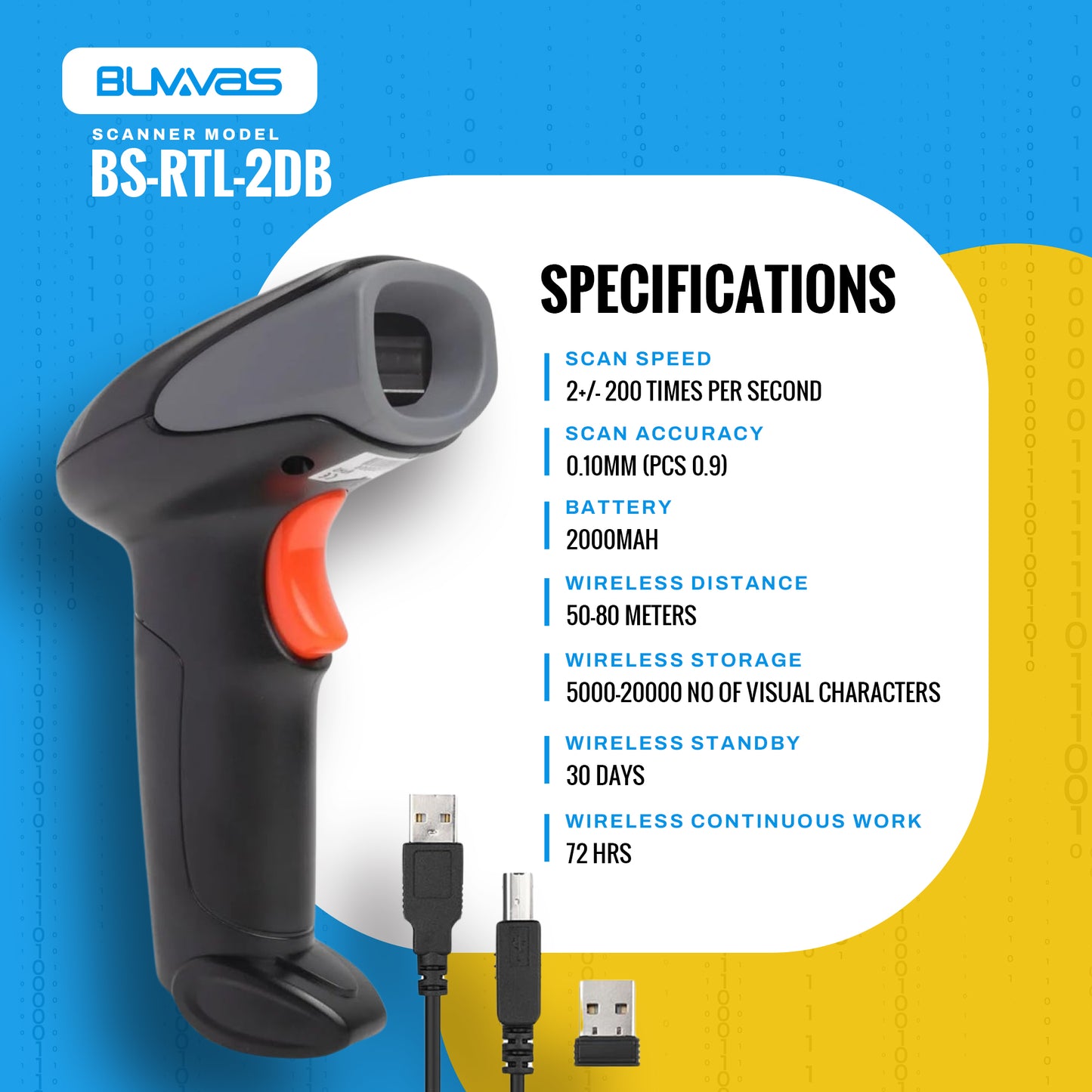 Buvvas RTL 2D/1D Wireless Barcode QR Scanner | Bluetooth | 2.4GHz Wireless | USB Connectivity