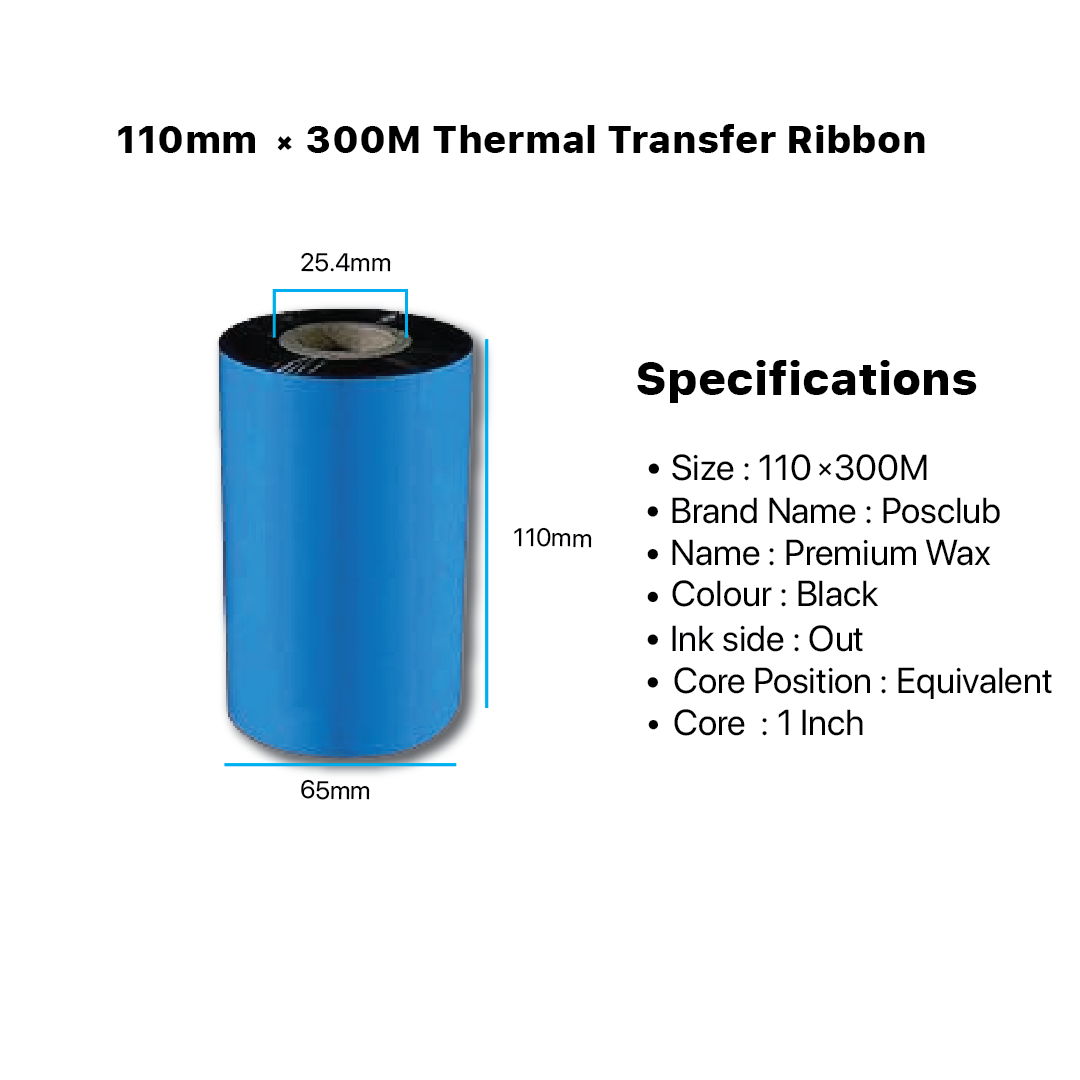 Premium Resin Wax Ribbon, 110mm x 300m Black Thermal Transfer Ribbon size:110x300mm, Brand Name:Posclub, Name:Premium Wax, Colour:Black, Ink Side:Out, Core Position:Equivalent, Core:1inch using for printing applications, barcode label printing, Thermal transfer printers, Print Quality, high-quality prints.