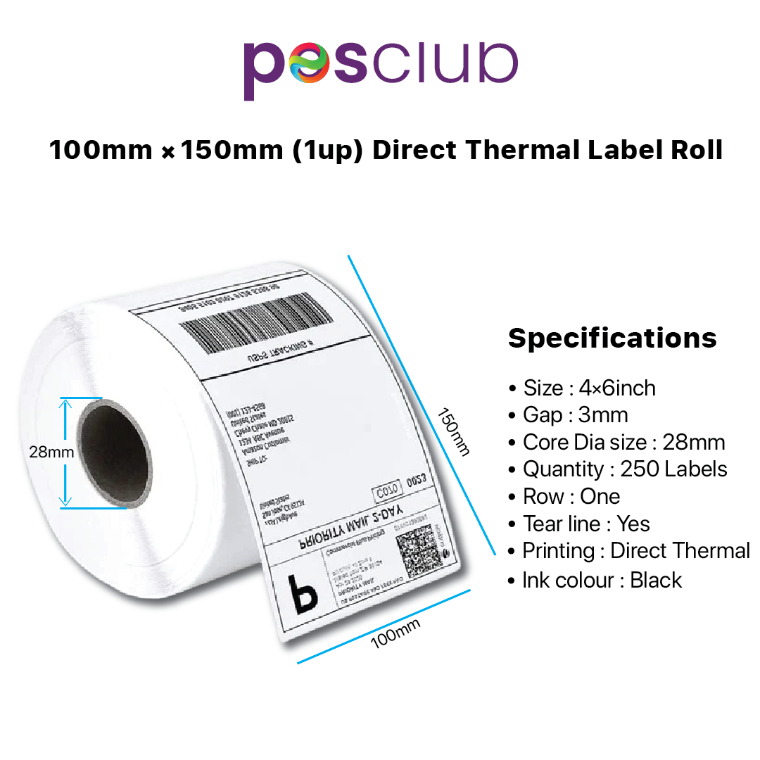 100X150 mm - 1 up | 250 Label | Direct Thermal Barcode Sticker Shipping Label Paper Self-adhesive  Label Size : 100 X 150 mm (4x6 inch), Label Type: Paper, Gap : 3 mm, Dia Size : 28 mm, Quantity : 250 Labels, Row : One, Tear line : Yes, Printing : Direct Thermal, Ink Colour : Black using for shipping label, barcode sticker, Thermal Printing, Label printing, amazon, Moglix, Posclub.