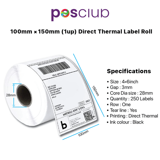 100X150 mm - 1 up | 250 Label | Direct Thermal Barcode Sticker Shipping Label Paper Self-adhesive  Label Size : 100 X 150 mm (4x6 inch), Label Type: Paper, Gap : 3 mm, Dia Size : 28 mm, Quantity : 250 Labels, Row : One, Tear line : Yes, Printing : Direct Thermal, Ink Colour : Black using for shipping label, barcode sticker, Thermal Printing, Label printing, amazon, Moglix, Posclub.