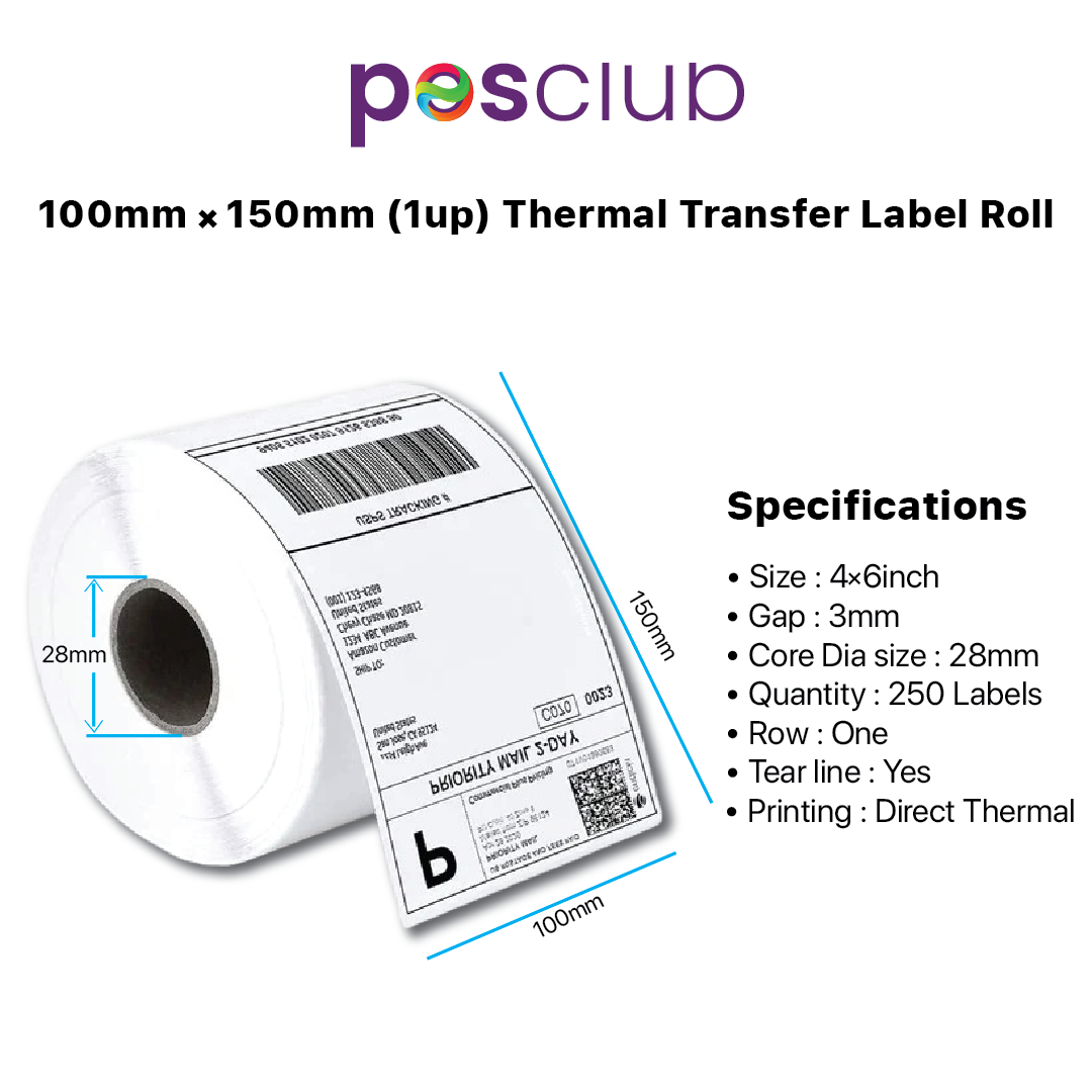 100X150 mm - 1 up | 250 Labels | Thermal Trasnfer Barcode Sticker Shipping Label Paper Self-adhesive  Label Size : 100x150 mm( 4x6 inch), Label Type: Paper, Gap : 3mm, Core Dia size : 28mm,  Quantity : 250 Labels, Row : One, Tear line : Yes, Printing : Thermal Transfer using for shipping label, barcode sticker, Thermal Printing, Label printing, amazon, Moglix, Posclub.