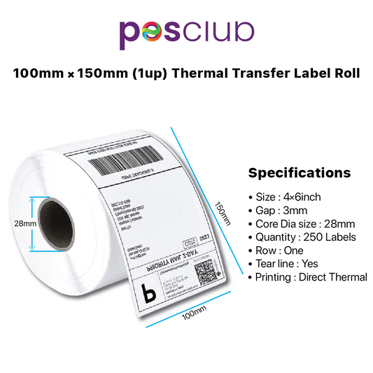 100X150 mm - 1 up | 250 Labels | Thermal Trasnfer Barcode Sticker Shipping Label Paper Self-adhesive  Label Size : 100x150 mm( 4x6 inch), Label Type: Paper, Gap : 3mm, Core Dia size : 28mm,  Quantity : 250 Labels, Row : One, Tear line : Yes, Printing : Thermal Transfer using for shipping label, barcode sticker, Thermal Printing, Label printing, amazon, Moglix, Posclub.