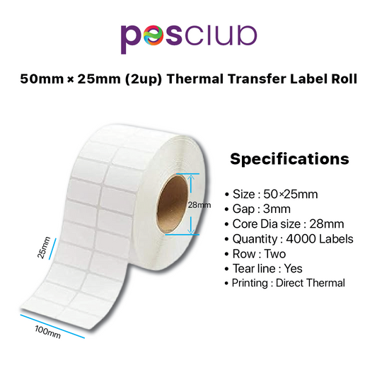 50X25 mm-2 ups | 4000 Labels | Direct Thermal Barcode Paper Sticker | Self-adhesive  Label Size : 50x25 mm, Label Type: Paper, Core Dia Size : 28mm, Quantity : 4000 Labels, Row : Two  Gap: 3mm, Tear line : Yes, Printing : Direct Therma, Ink Colour : Black using for shipping label, barcode sticker, Thermal Printing, Label printing, amazon, Moglix, Posclub.