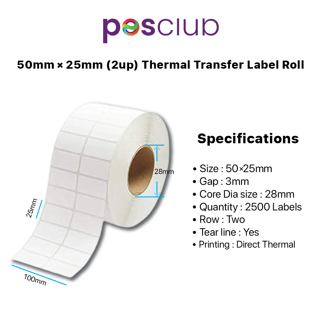 50X25mm-2UPS Thermal Transfer Barcode Paper Sticker | Self-adhesive Size:50x25mm, Gap:3mm, Core Dia Size:28mm, Quantity:2500 Lables, Row:One, Tear line:Yes, Printing:Direct Thermal using for shipping label, barcode sticker, Thermal Printing, High Quality Printing, amazon, Moglix, Posclub, Thermal Barcode, Barcode paper