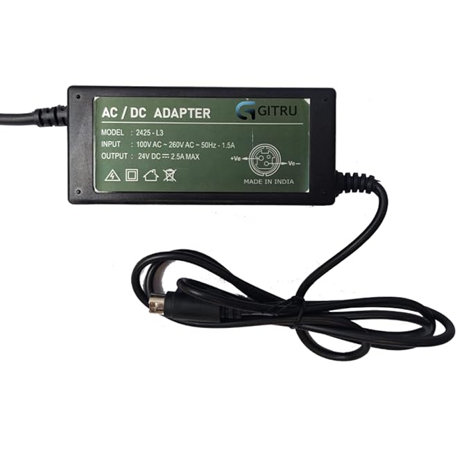 24V 2.5A 3 Pin 60Watt Power Supply Adapter Replacement for POS Thermal Receipt Printer Model: 2425-L3 Input: 100V AC ~ 260V AC ~ 50Hz - 1.5A Output: 24V DC = 2.5A MAX MADE IN INDIA Compatible to All 3 inch Receipt and Label Printers Compatible to Epson, TVS, TSC, ATPOS, Shreyans, Evercom, Buvvas, Impact,   