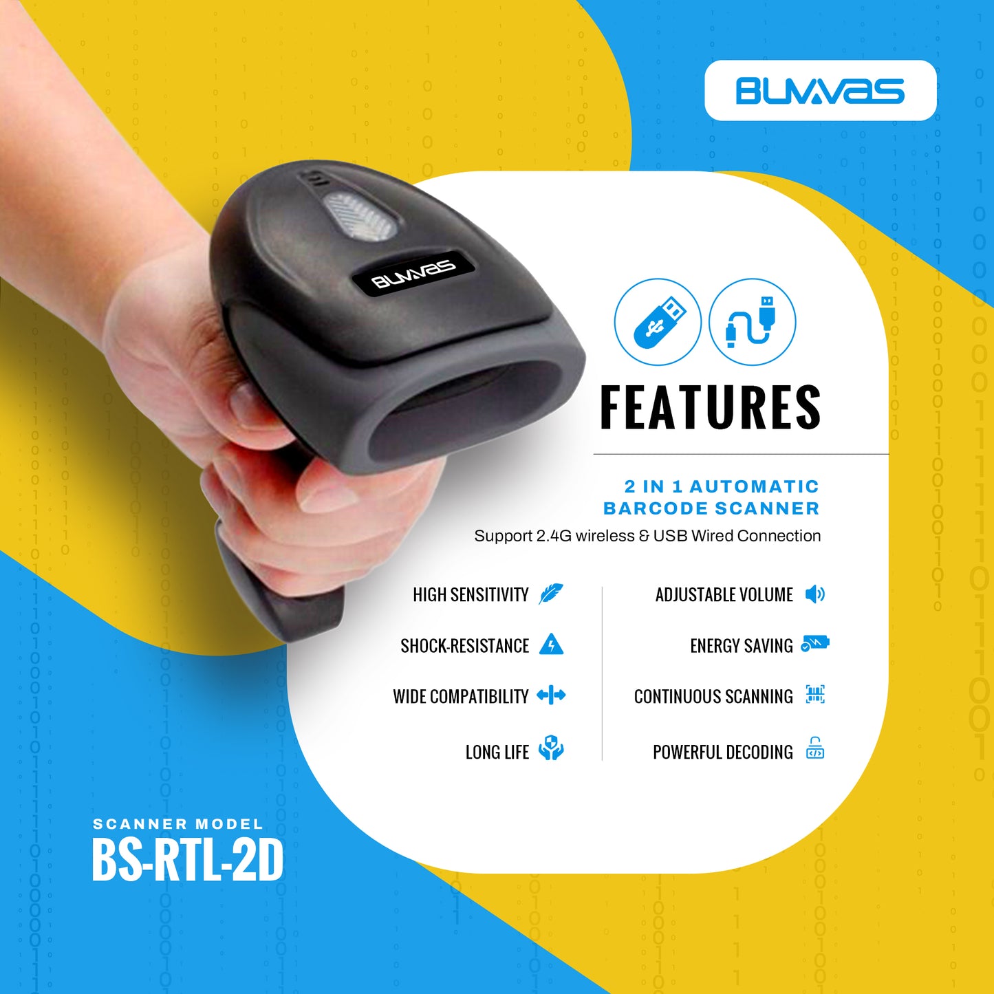 Buvvas RTL-2D Barcode QR Scanner Wired | USB Wired | Billing for Retail Stores, Warehouse | Plug and Play (2D+1D Wired)