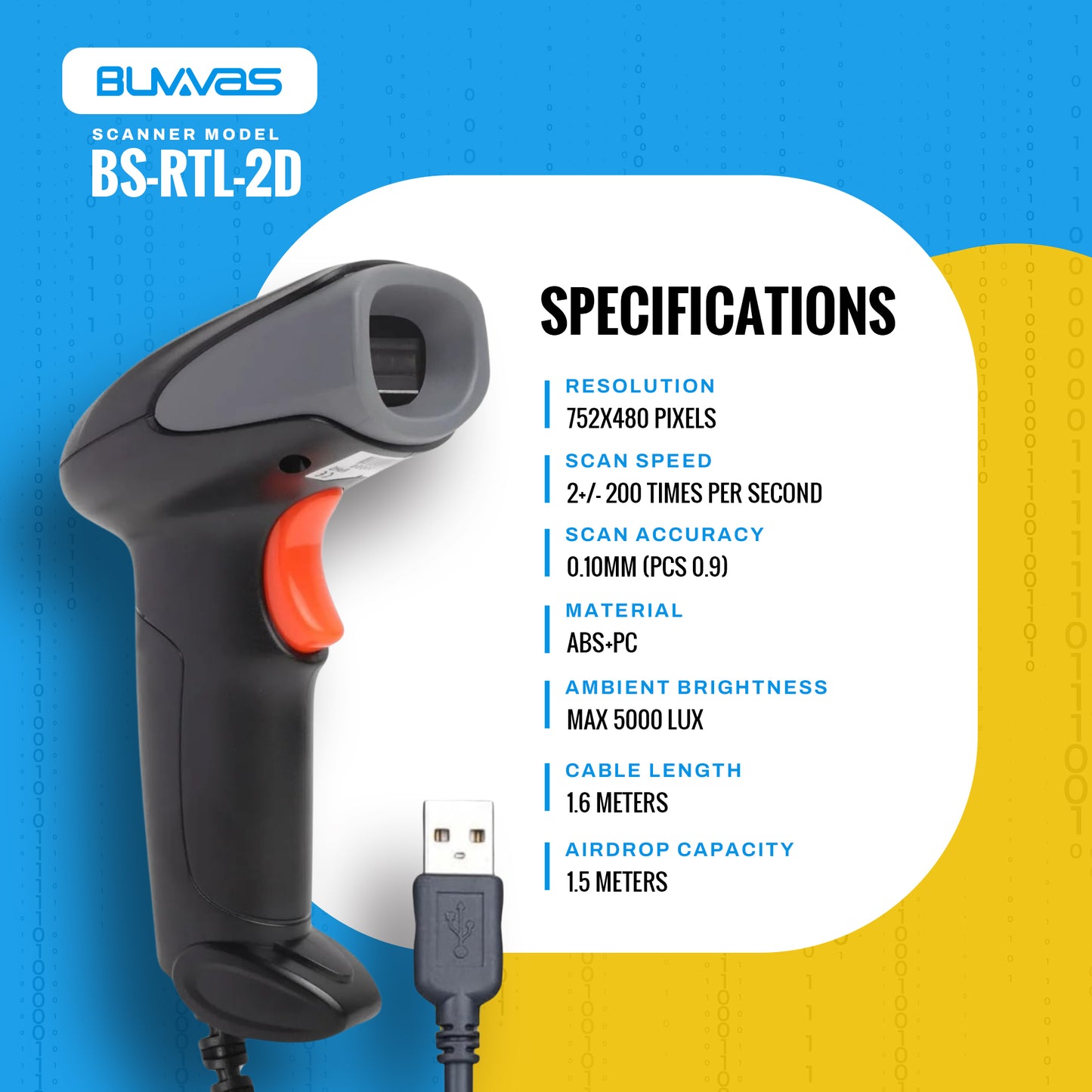 Buvvas RTL-2D Barcode QR Scanner Wired | USB Wired | Billing for Retail Stores, Warehouse | Plug and Play (2D+1D Wired)
