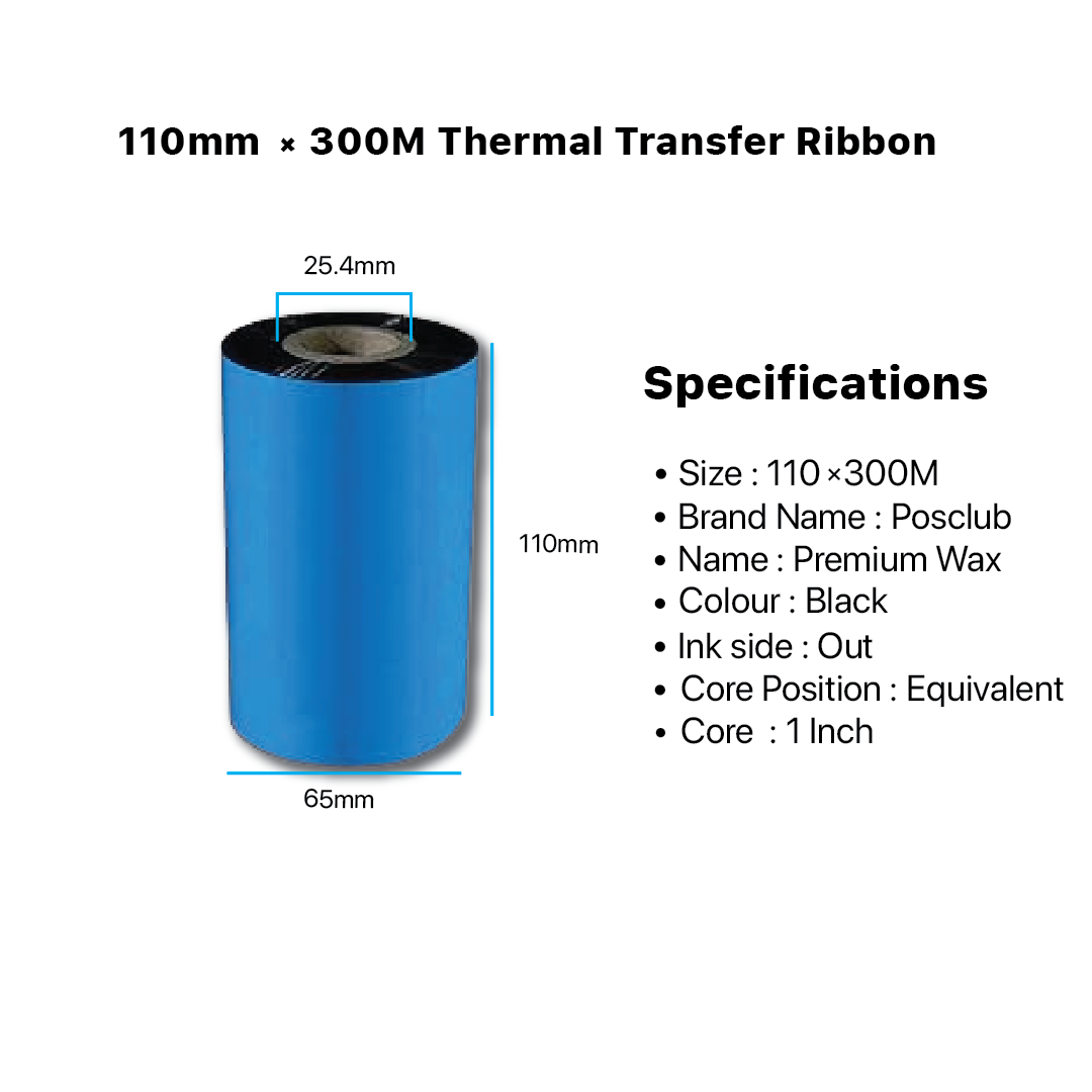  Premium Resin Wax Ribbon, 110mm x 300m Black Thermal Transfer Ribbon  size:110x300mm, Brand Name:Posclub, Name:Premium Wax, Colour:Black, Ink Side:Out, Core Position:Equivalent, Core:1inch using for printing applications, barcode label printing, Thermal transfer printers, Print Quality, high-quality prints.