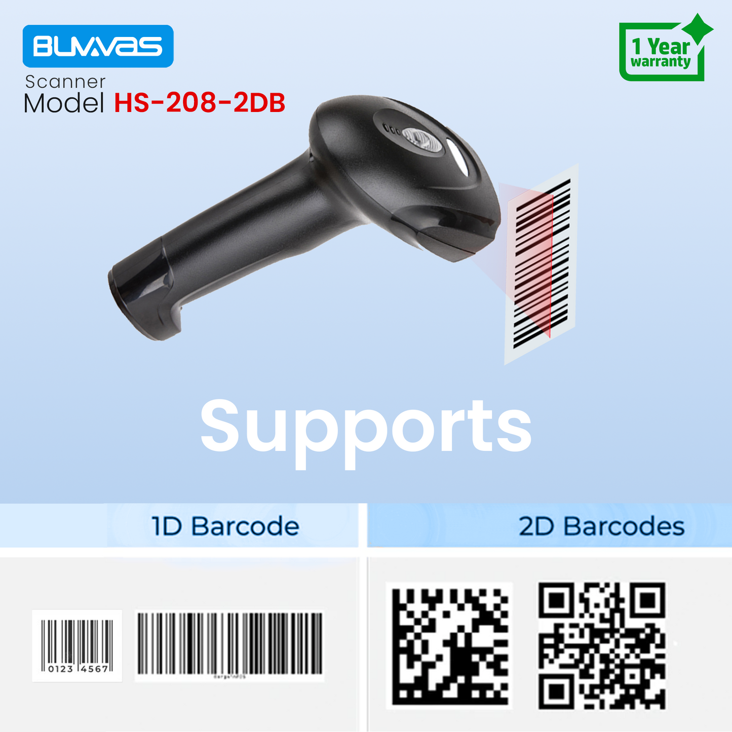 Buvvas HS-208-2DB 1D and 2D Barcode Scanner