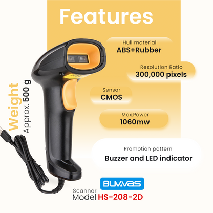 Buvvas HS-208-2D Barcode Scanner | USB 1D/2D/QR Code Scanner | Handheld Machine for Shop/Supermarkets/Convenience Stores/Warehouses