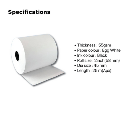 posclub Thermal Paper roll 2inch 58mm 25 meter length , best quality   Can be used in thermal printer machines in Restaurants, Retail Outlets, Shops. Wholesale price, straight from the factory