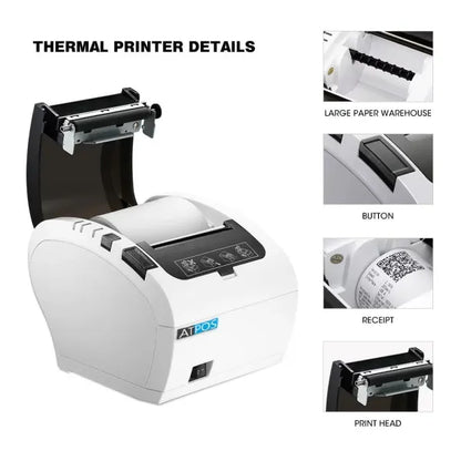 Atpos AT-406 80mm 3 Inch Bluetooth Thermal Receipt Printer (BT+USB+LAN+Serial) | Auto Cutter | White